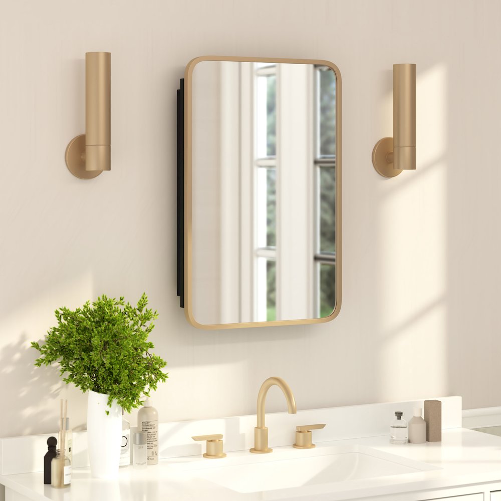 16" x 24"Bathroom Medicine Cabinet with Rounded Beveled Mirror, Gold. Picture 3