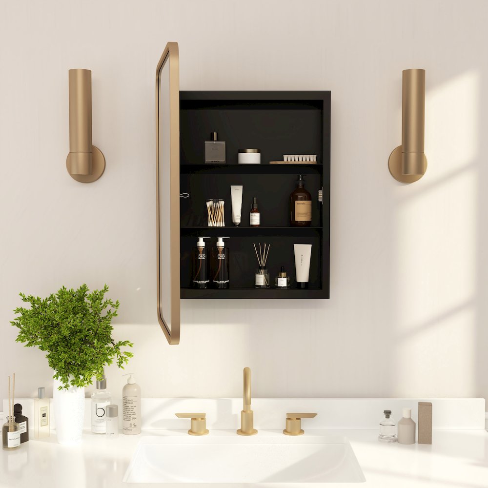 16" x 24"Bathroom Medicine Cabinet with Rounded Beveled Mirror, Gold. Picture 7