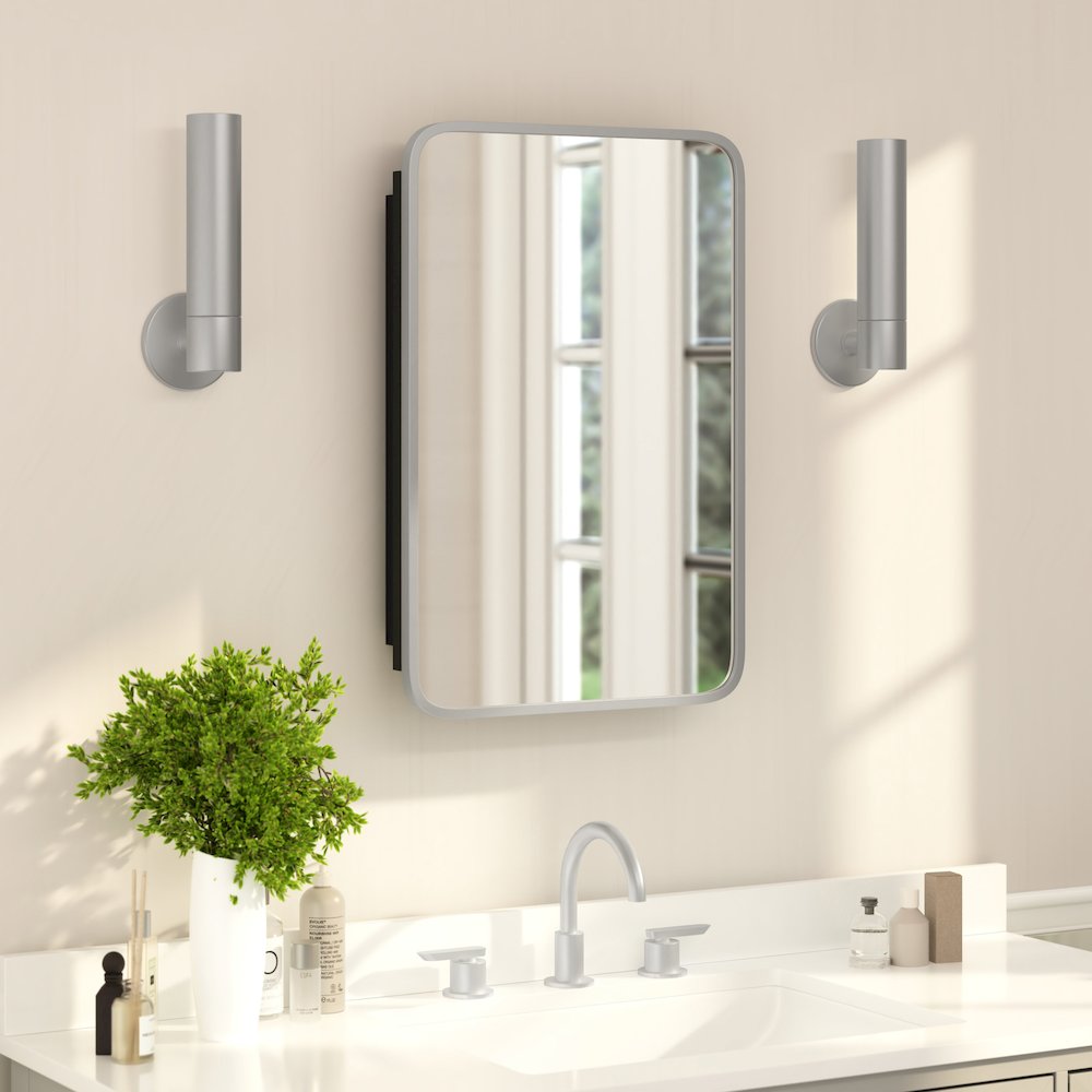 16" x 24"Bathroom Medicine Cabinet with Rounded Beveled Mirror, Silver. Picture 3