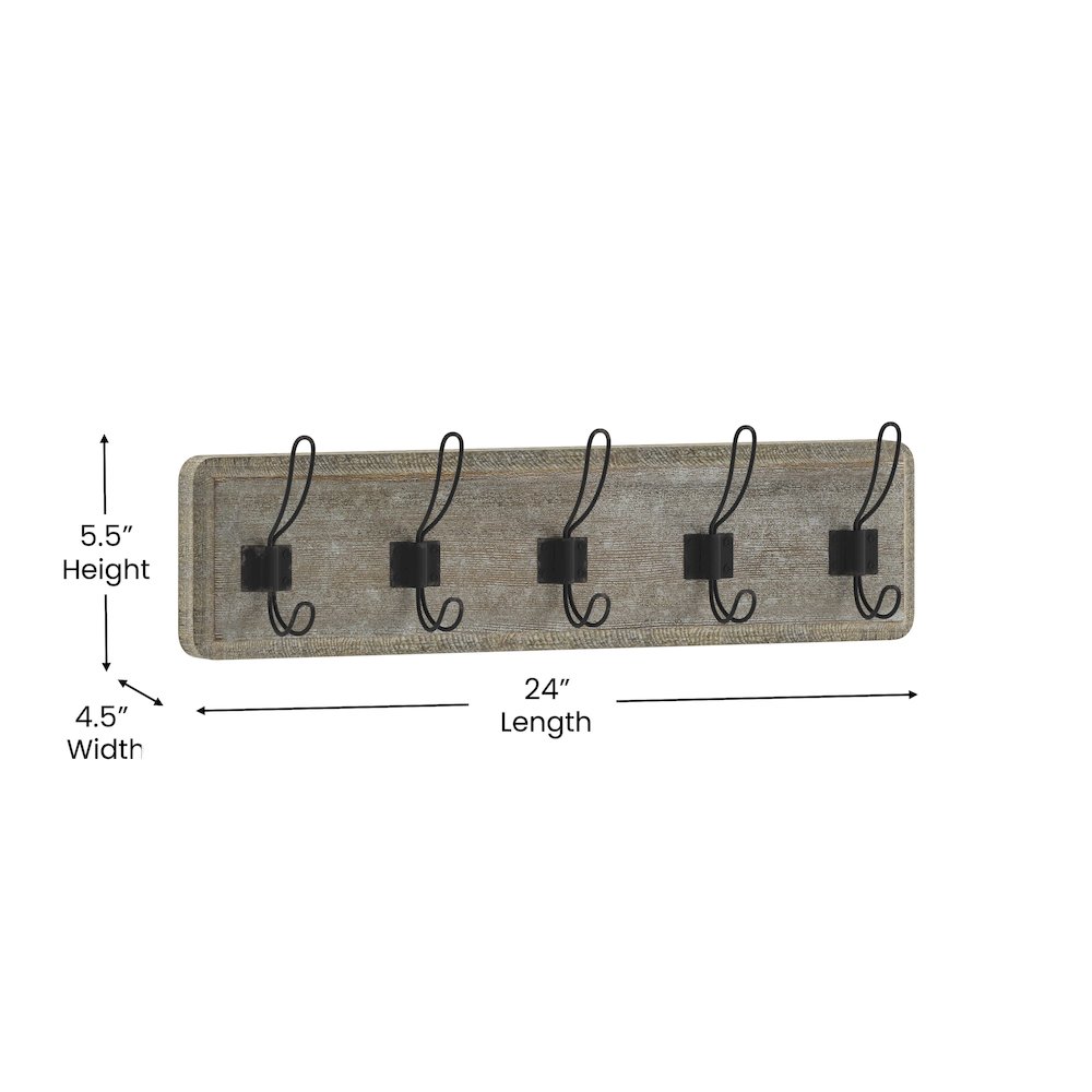 Wall Mounted 24 in Weathered Solid Pine Wood Storage Rack with 5 Hooks. Picture 5