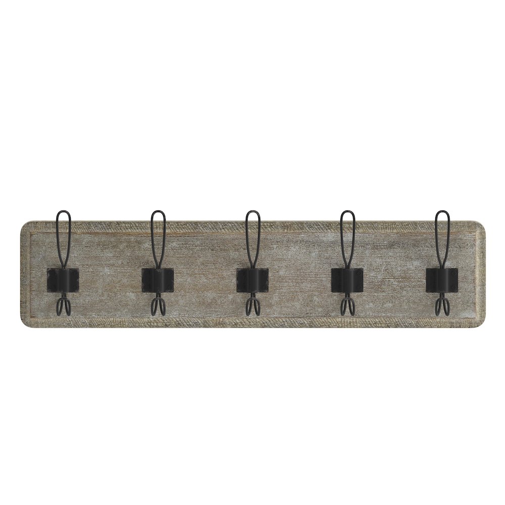 Wall Mounted 24 in Weathered Solid Pine Wood Storage Rack with 5 Hooks. Picture 11