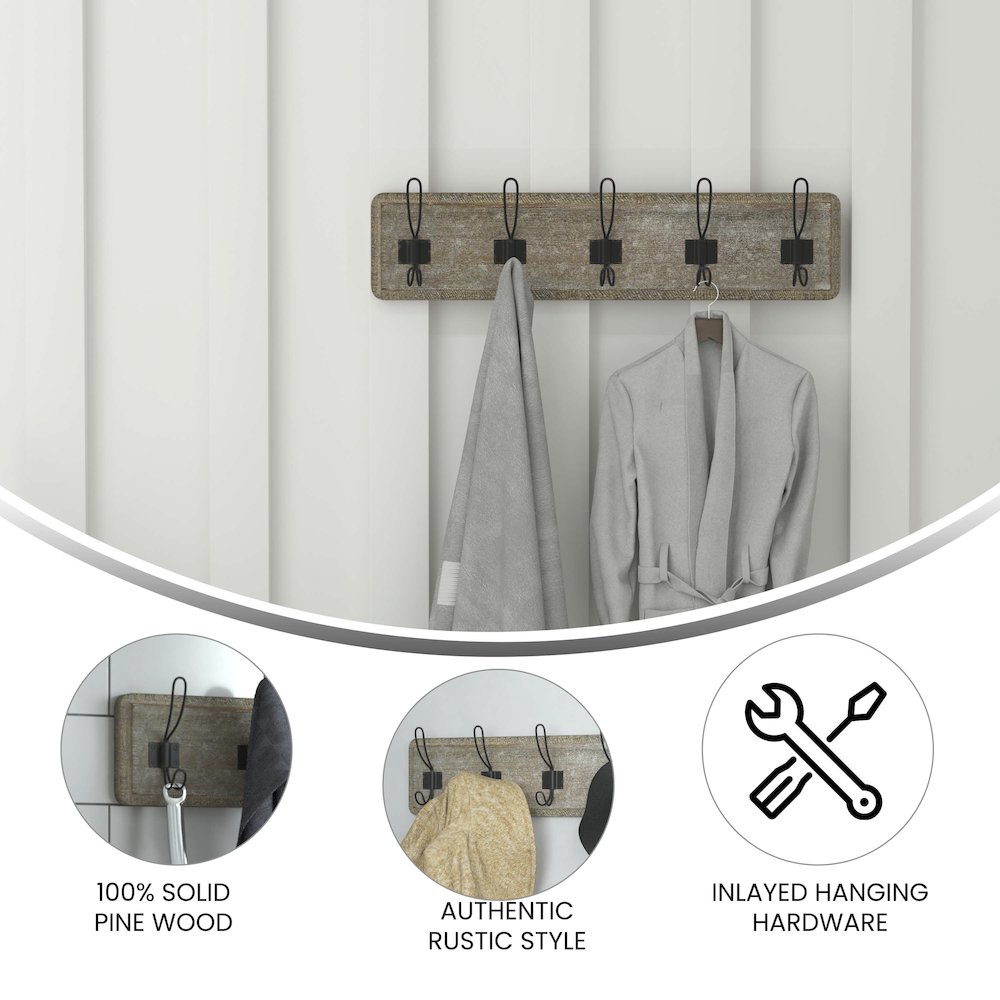 Wall Mounted 24 in Weathered Solid Pine Wood Storage Rack with 5 Hooks. Picture 4
