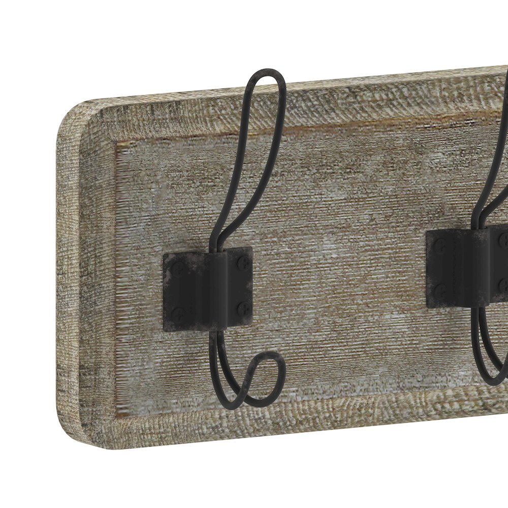 Wall Mounted 24 in Weathered Solid Pine Wood Storage Rack with 5 Hooks. Picture 9