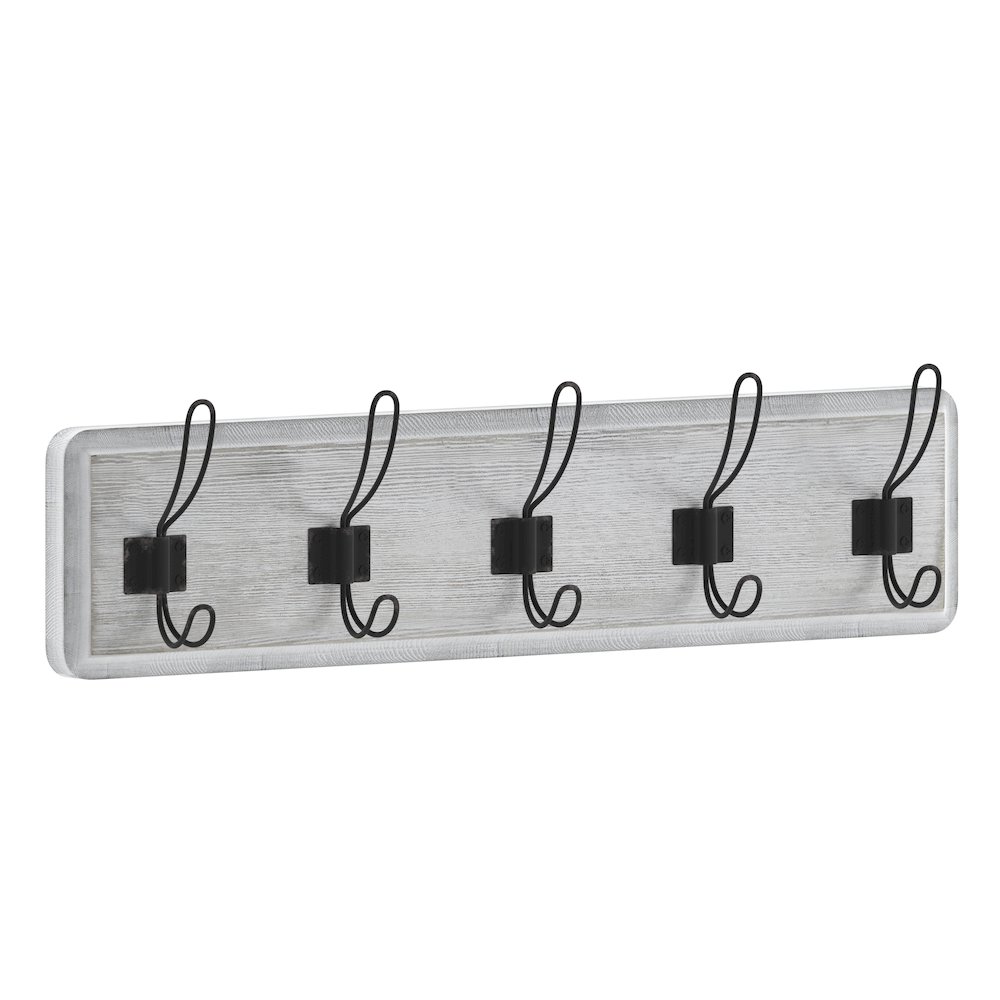 Wall Mounted 24 in Whitewashed Solid Pine Wood Storage Rack with 5 Hooks. Picture 1