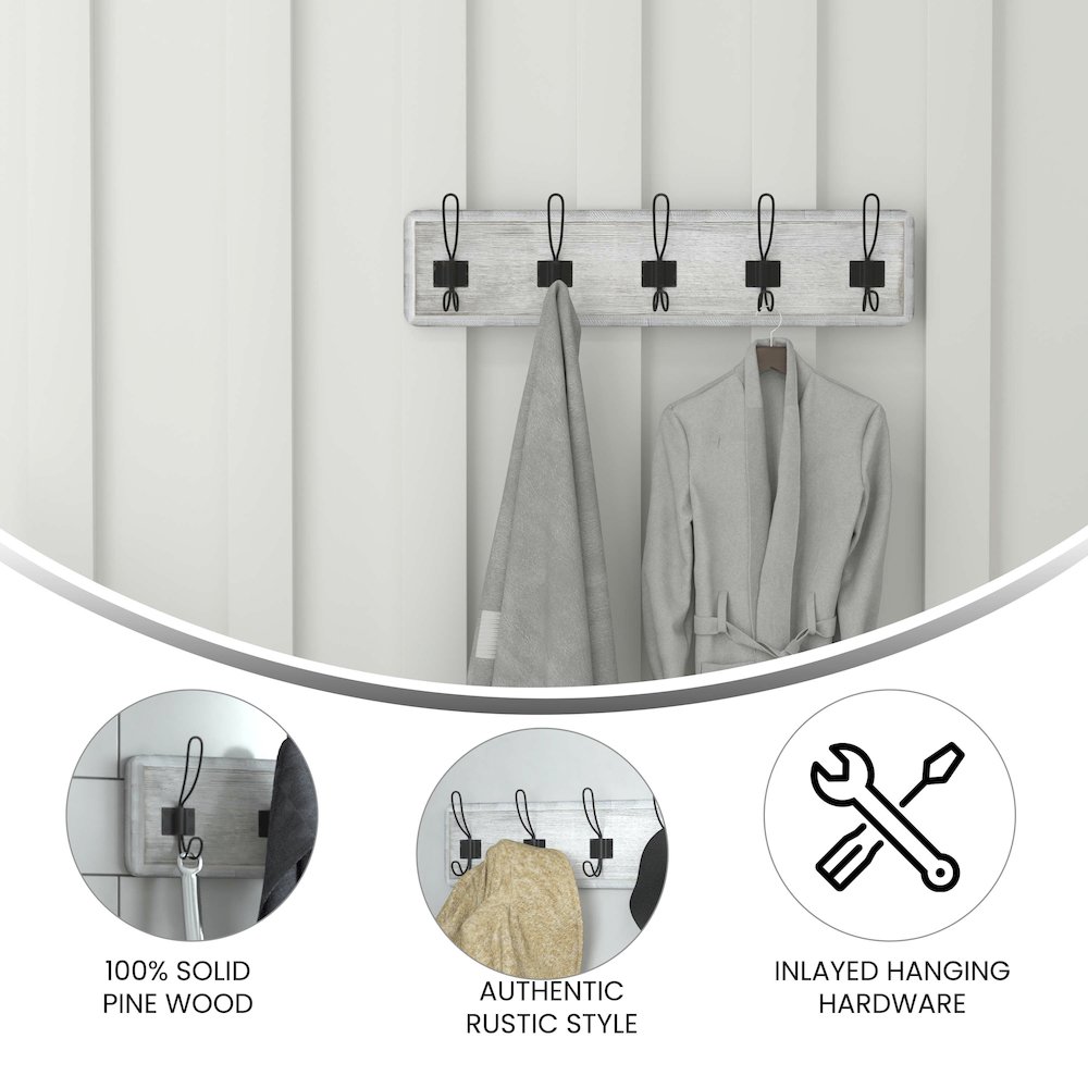 Wall Mounted 24 in Whitewashed Solid Pine Wood Storage Rack with 5 Hooks. Picture 4