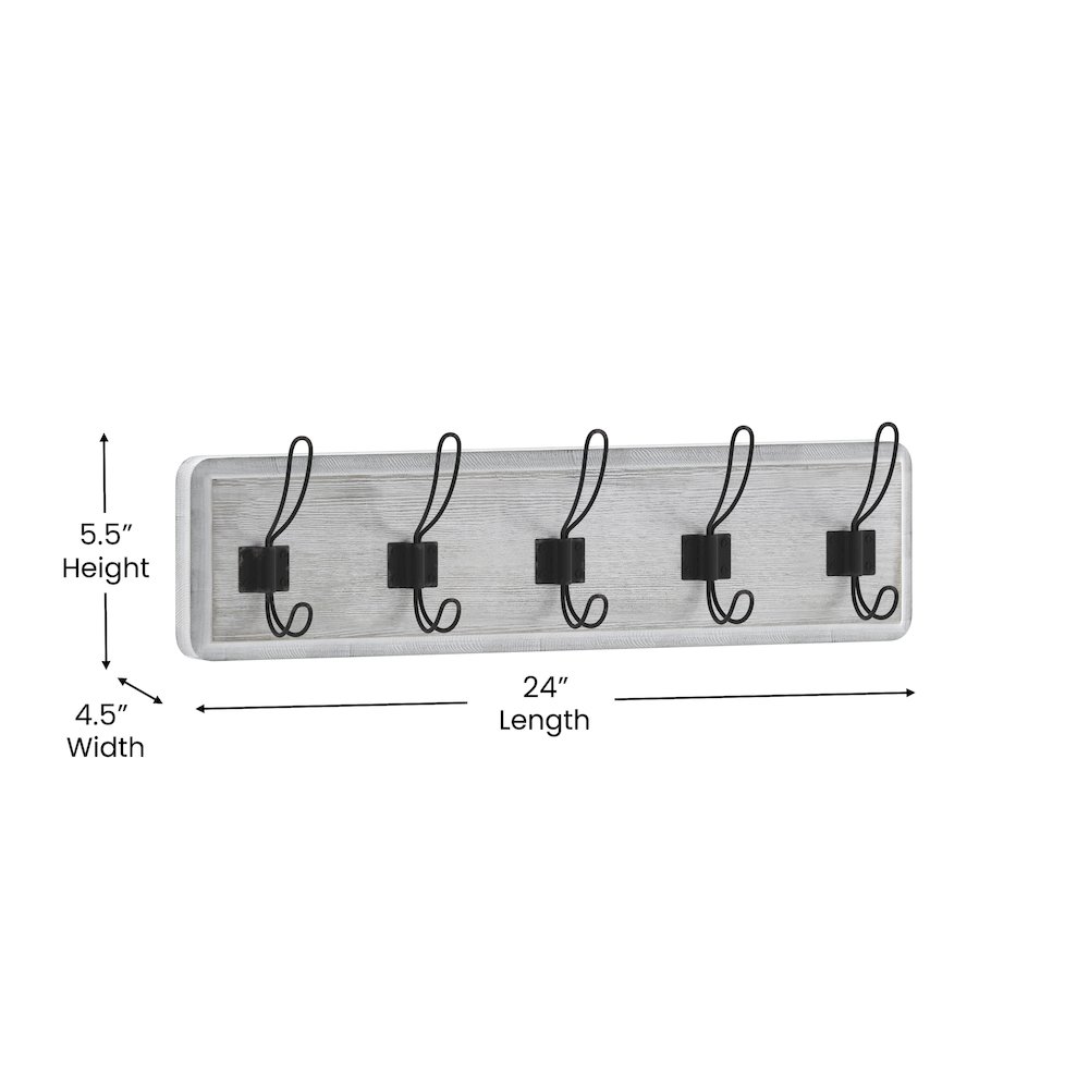 Wall Mounted 24 in Whitewashed Solid Pine Wood Storage Rack with 5 Hooks. Picture 5