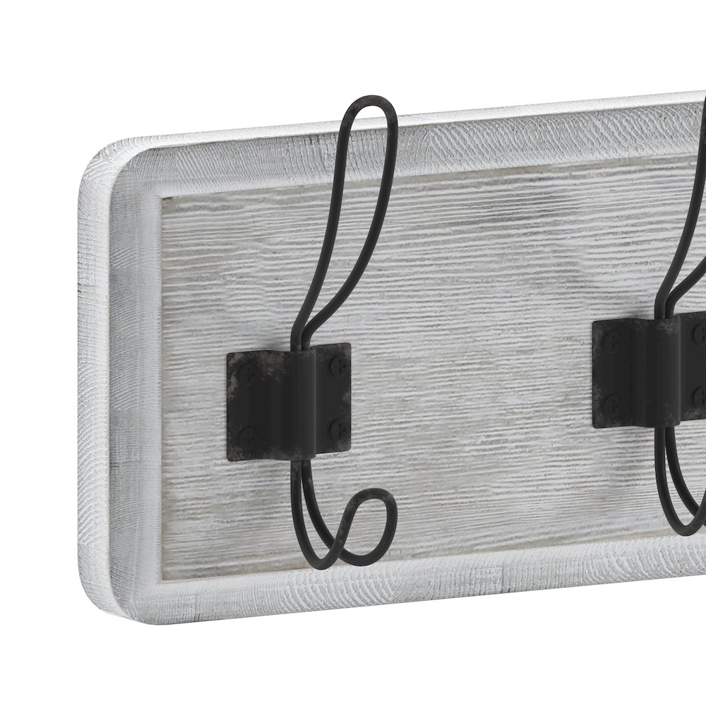 Wall Mounted 24 in Whitewashed Solid Pine Wood Storage Rack with 5 Hooks. Picture 9