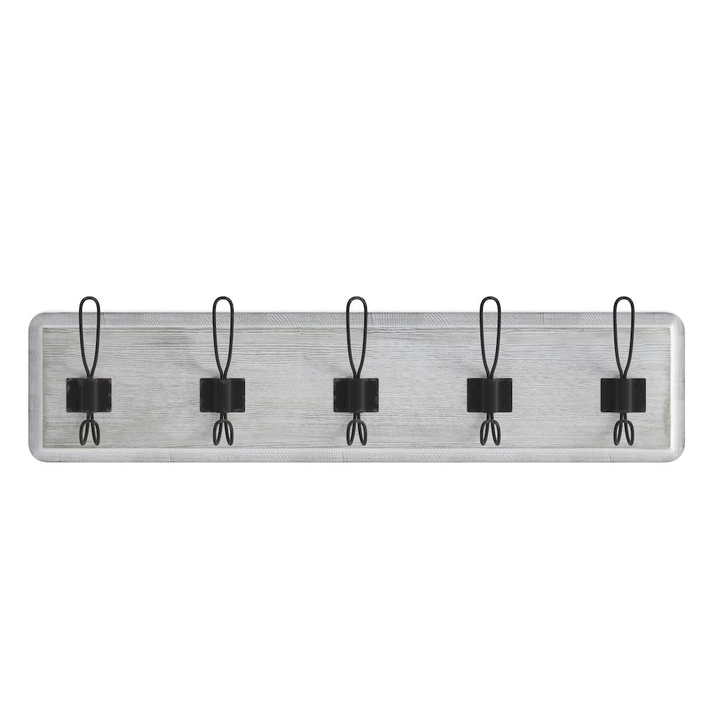 Wall Mounted 24 in Whitewashed Solid Pine Wood Storage Rack with 5 Hooks. Picture 11