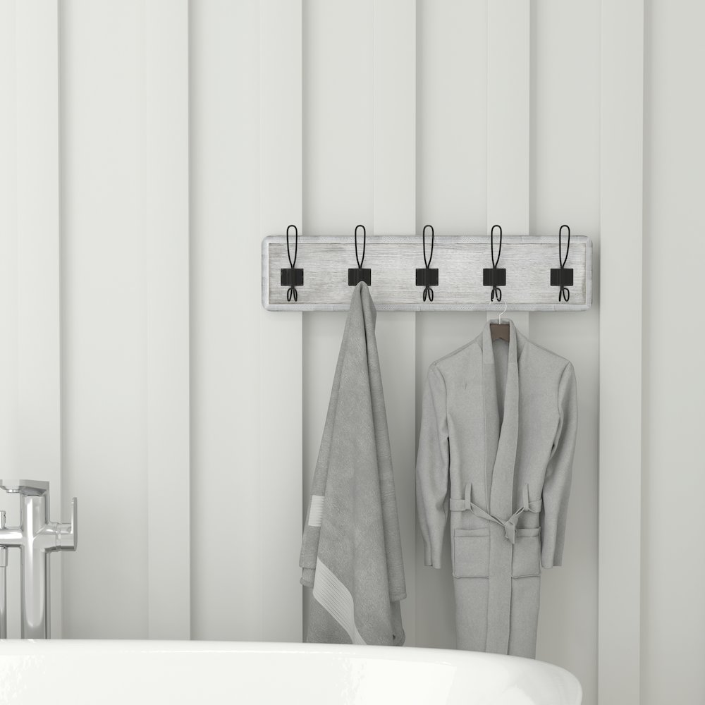 Wall Mounted 24 in Whitewashed Solid Pine Wood Storage Rack with 5 Hooks. Picture 6