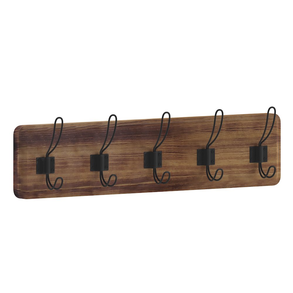 Wall Mounted 24 in Brown Solid Pine Wood Storage Rack with 5 Hooks. Picture 1