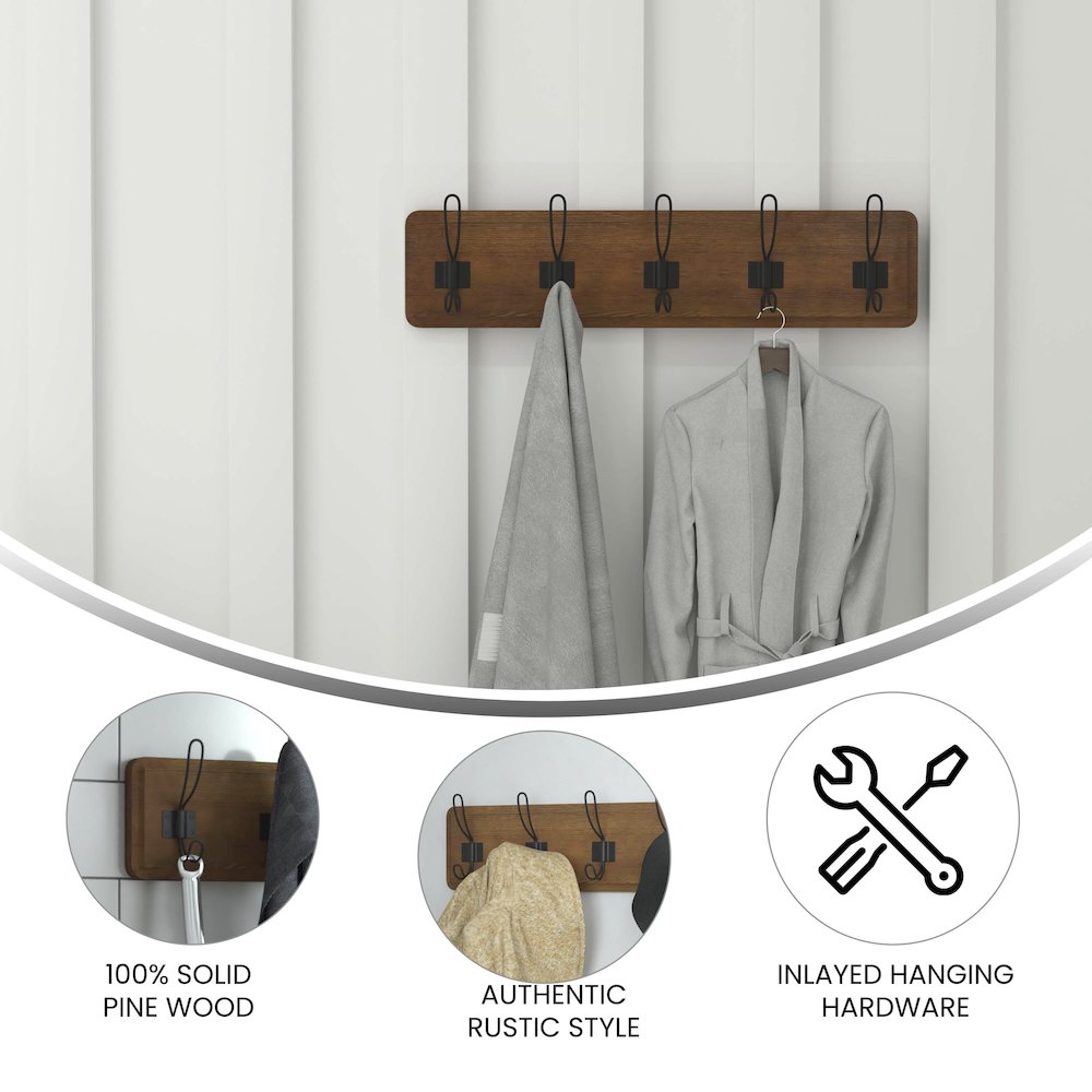 Wall Mounted 24 in Brown Solid Pine Wood Storage Rack with 5 Hooks. Picture 4