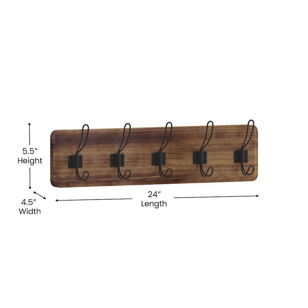 Wall Mounted 24 in Brown Solid Pine Wood Storage Rack with 5 Hooks. Picture 5