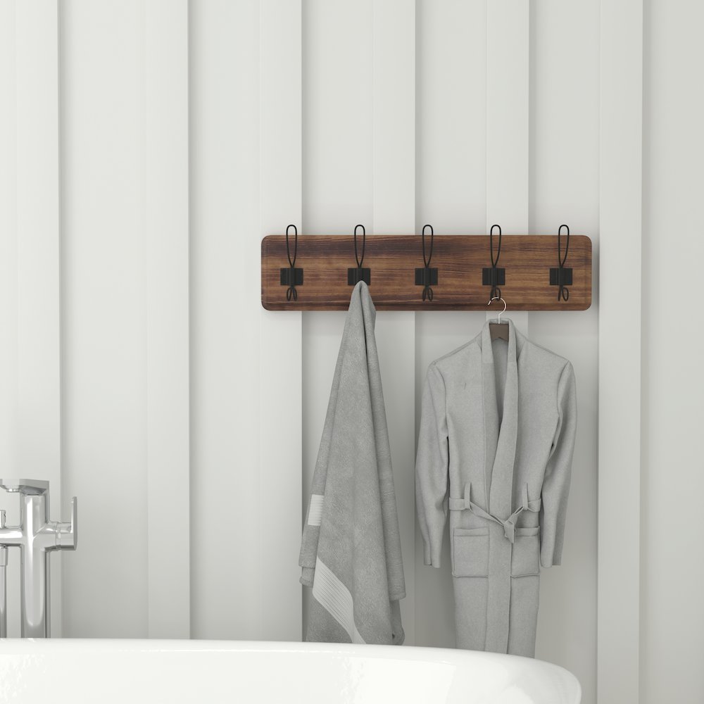 Wall Mounted 24 in Brown Solid Pine Wood Storage Rack with 5 Hooks. Picture 6