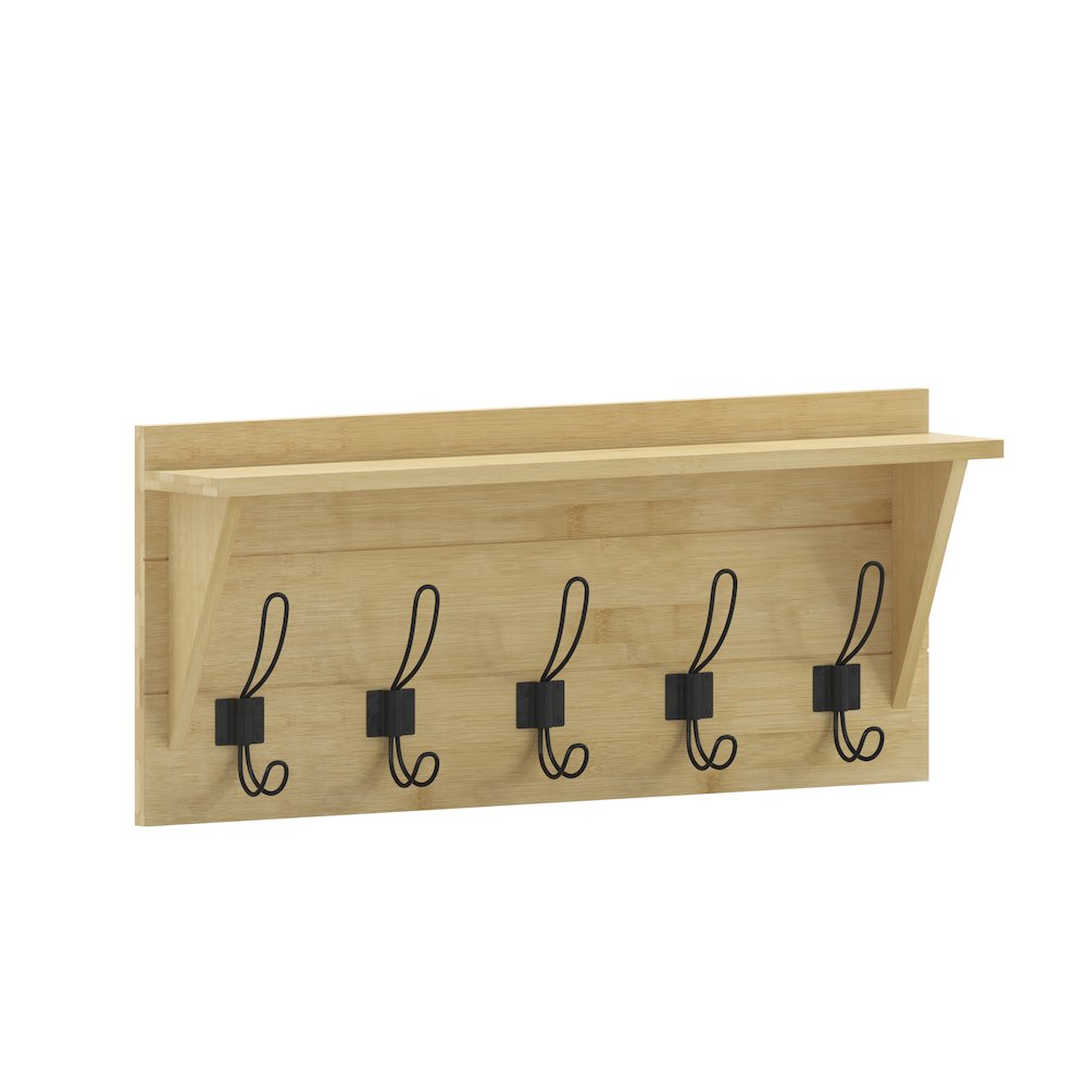 Wall Mounted 24 in Solid Pine Wood Storage Rack with Upper Shelf, Bamboo. Picture 1