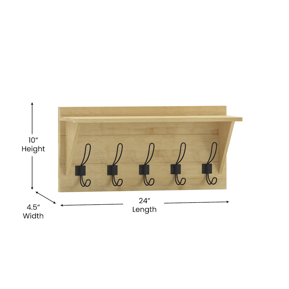 Wall Mounted 24 in Solid Pine Wood Storage Rack with Upper Shelf, Bamboo. Picture 5