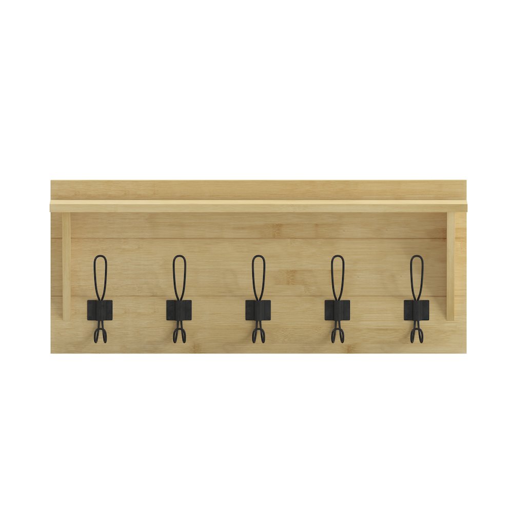 Wall Mounted 24 in Solid Pine Wood Storage Rack with Upper Shelf, Bamboo. Picture 11