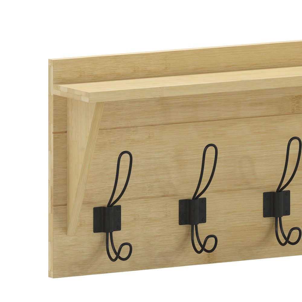 Wall Mounted 24 in Solid Pine Wood Storage Rack with Upper Shelf, Bamboo. Picture 9