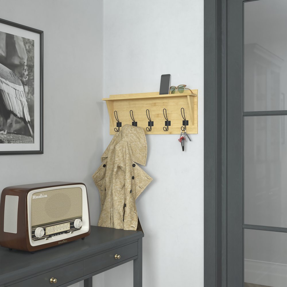 Wall Mounted 24 in Solid Pine Wood Storage Rack with Upper Shelf, Bamboo. Picture 2