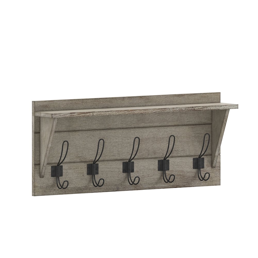 Wall Mounted 24 in Solid Pine Wood Storage Rack with Upper Shelf, Weathered. Picture 1