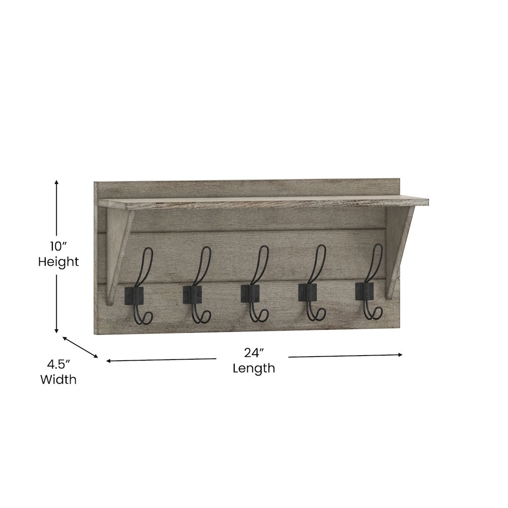 Wall Mounted 24 in Solid Pine Wood Storage Rack with Upper Shelf, Weathered. Picture 5