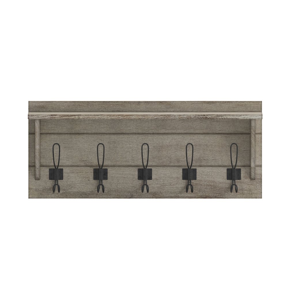 Wall Mounted 24 in Solid Pine Wood Storage Rack with Upper Shelf, Weathered. Picture 11