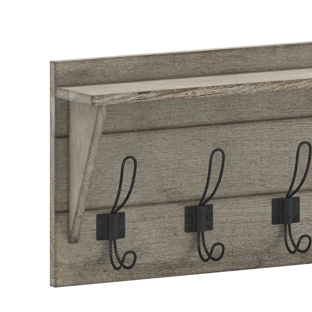 Wall Mounted 24 in Solid Pine Wood Storage Rack with Upper Shelf, Weathered. Picture 9