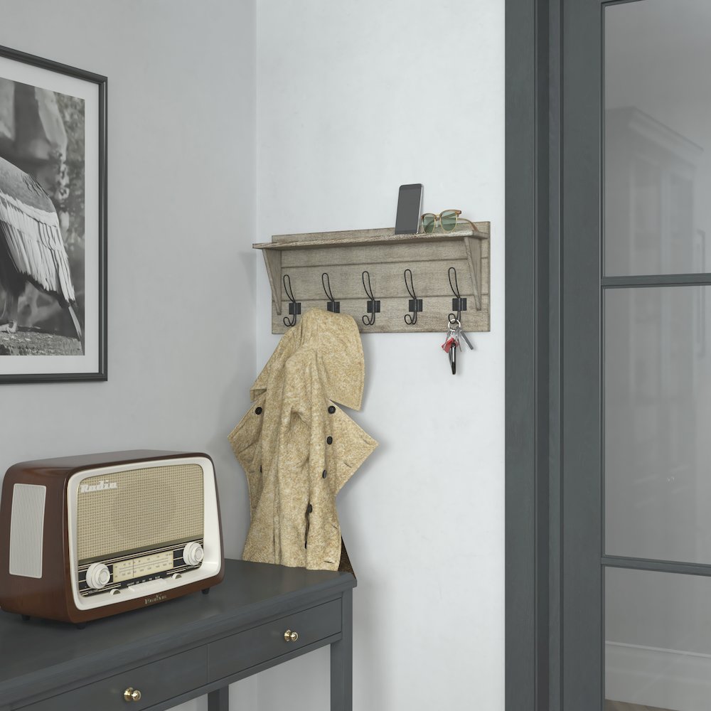 Wall Mounted 24 in Solid Pine Wood Storage Rack with Upper Shelf, Weathered. Picture 2
