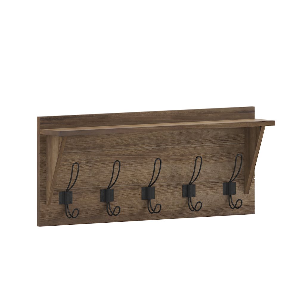 Wall Mounted 24 in Solid Pine Wood Storage Rack with Upper Shelf, Brown. Picture 1