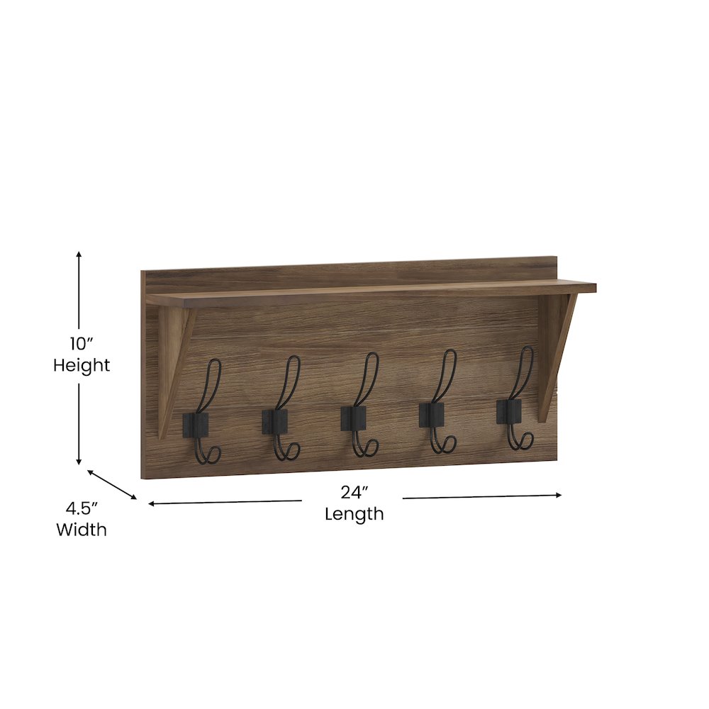 Wall Mounted 24 in Solid Pine Wood Storage Rack with Upper Shelf, Brown. Picture 5
