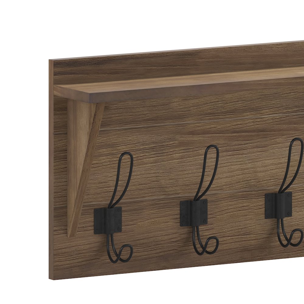 Wall Mounted 24 in Solid Pine Wood Storage Rack with Upper Shelf, Brown. Picture 9
