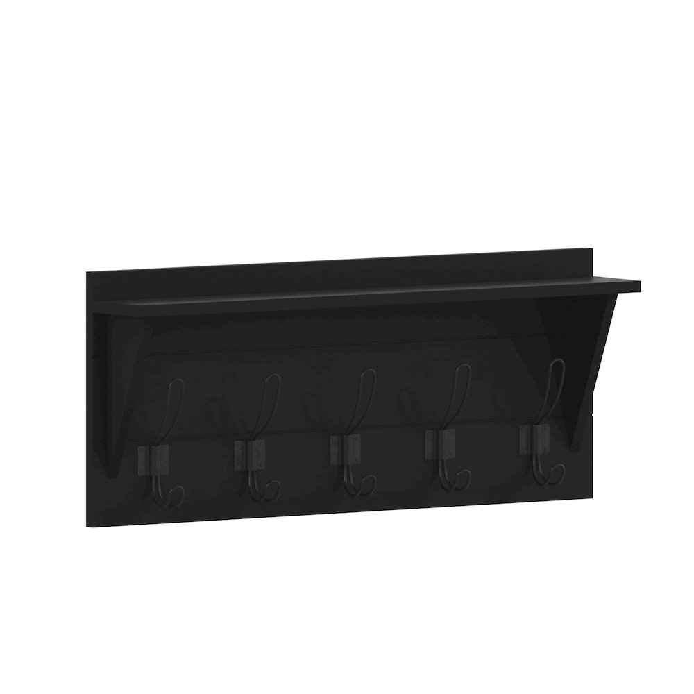 Wall Mounted 24 in Solid Pine Wood Storage Rack with Upper Shelf, Black. Picture 1