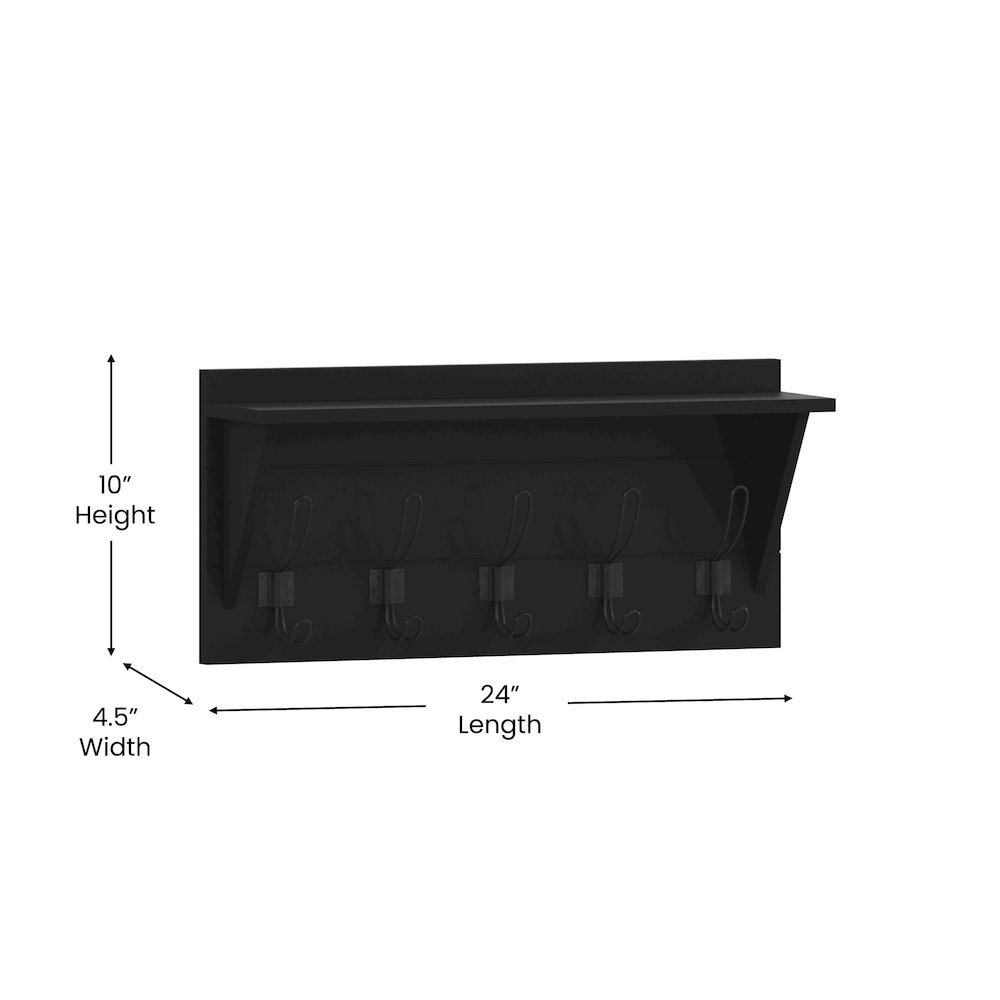 Wall Mounted 24 in Solid Pine Wood Storage Rack with Upper Shelf, Black. Picture 5