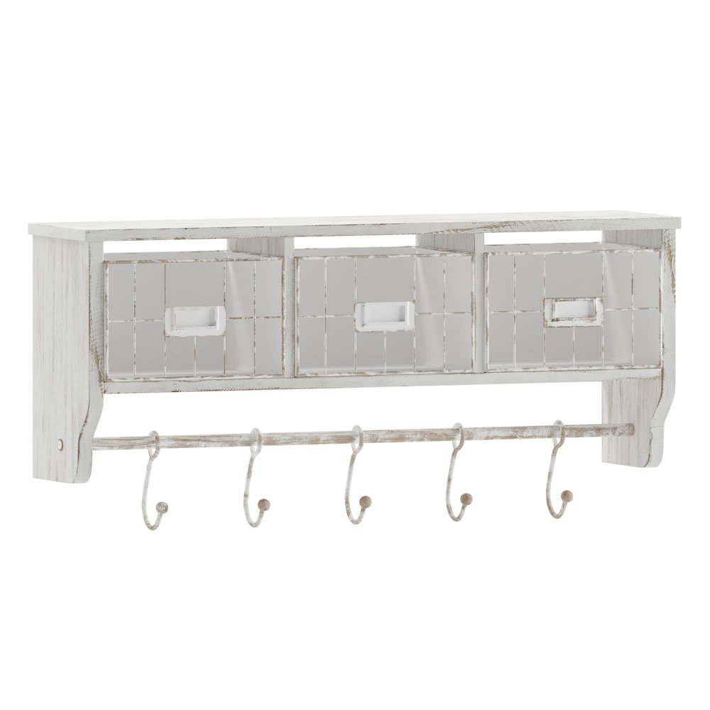 Wall Mounted 24 in Solid Pine Wood Storage Rack with Upper Shelf in Whitewashed. Picture 1