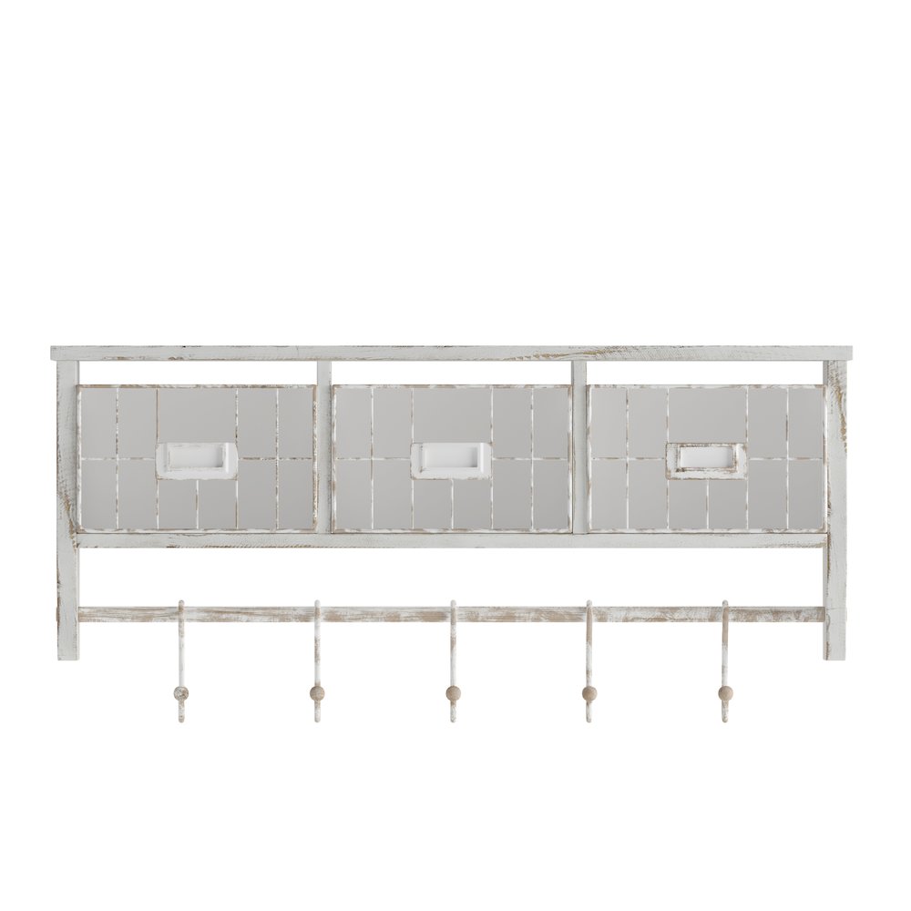 Wall Mounted 24 in Solid Pine Wood Storage Rack with Upper Shelf in Whitewashed. Picture 11