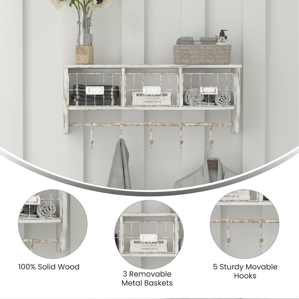 Wall Mounted 24 in Solid Pine Wood Storage Rack with Upper Shelf in Whitewashed. Picture 4