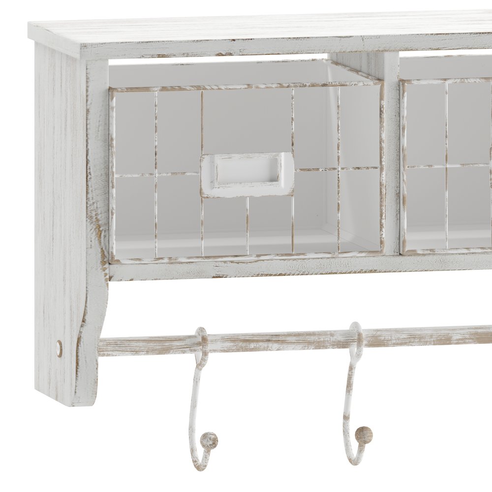 Wall Mounted 24 in Solid Pine Wood Storage Rack with Upper Shelf in Whitewashed. Picture 9
