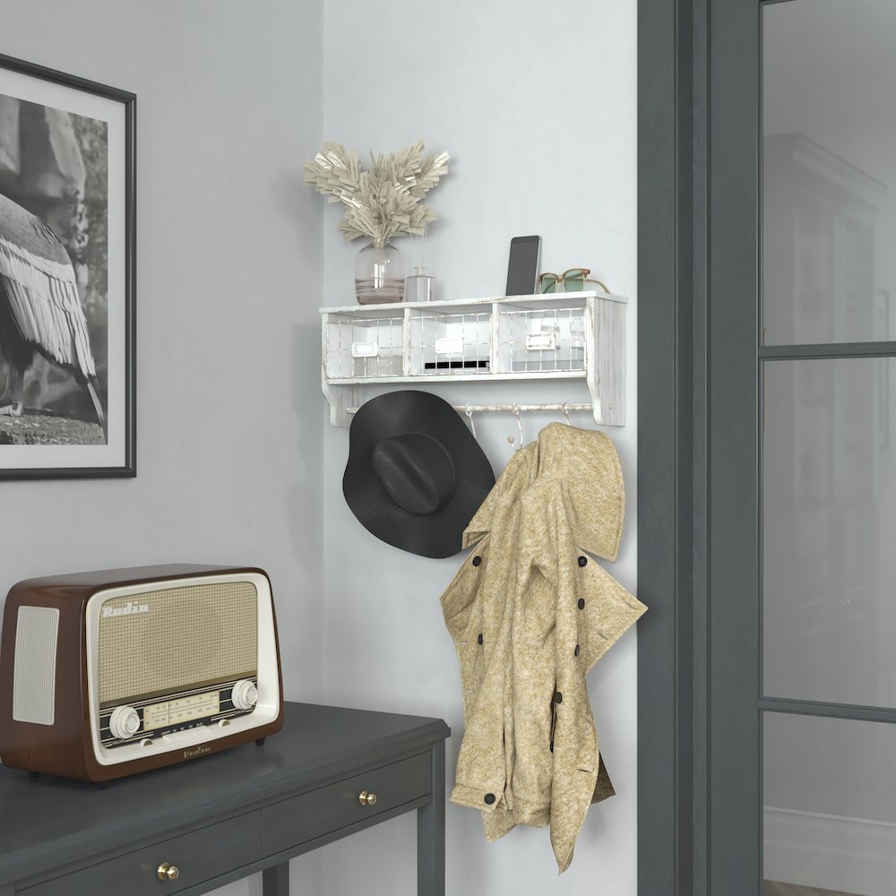Wall Mounted 24 in Solid Pine Wood Storage Rack with Upper Shelf in Whitewashed. Picture 2
