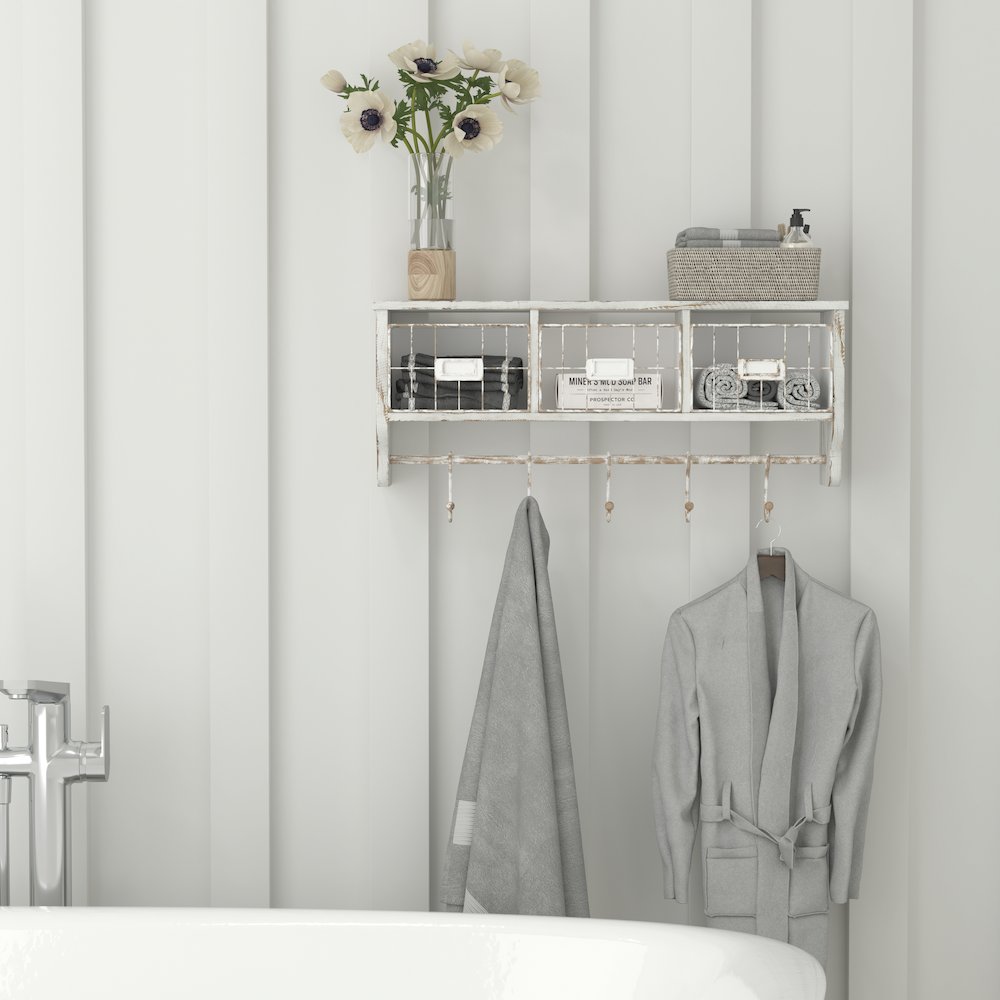 Wall Mounted 24 in Solid Pine Wood Storage Rack with Upper Shelf in Whitewashed. Picture 6
