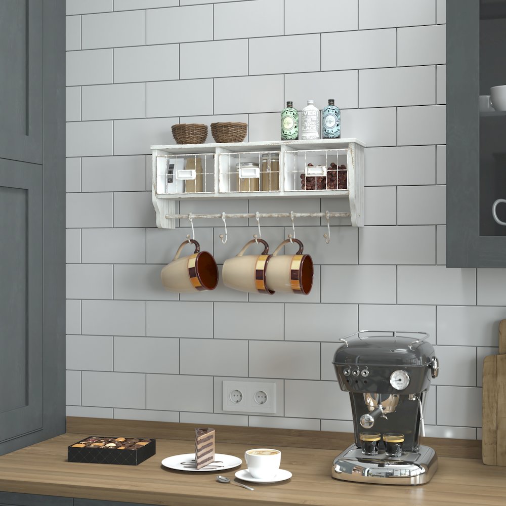 Wall Mounted 24 in Solid Pine Wood Storage Rack with Upper Shelf in Whitewashed. Picture 7