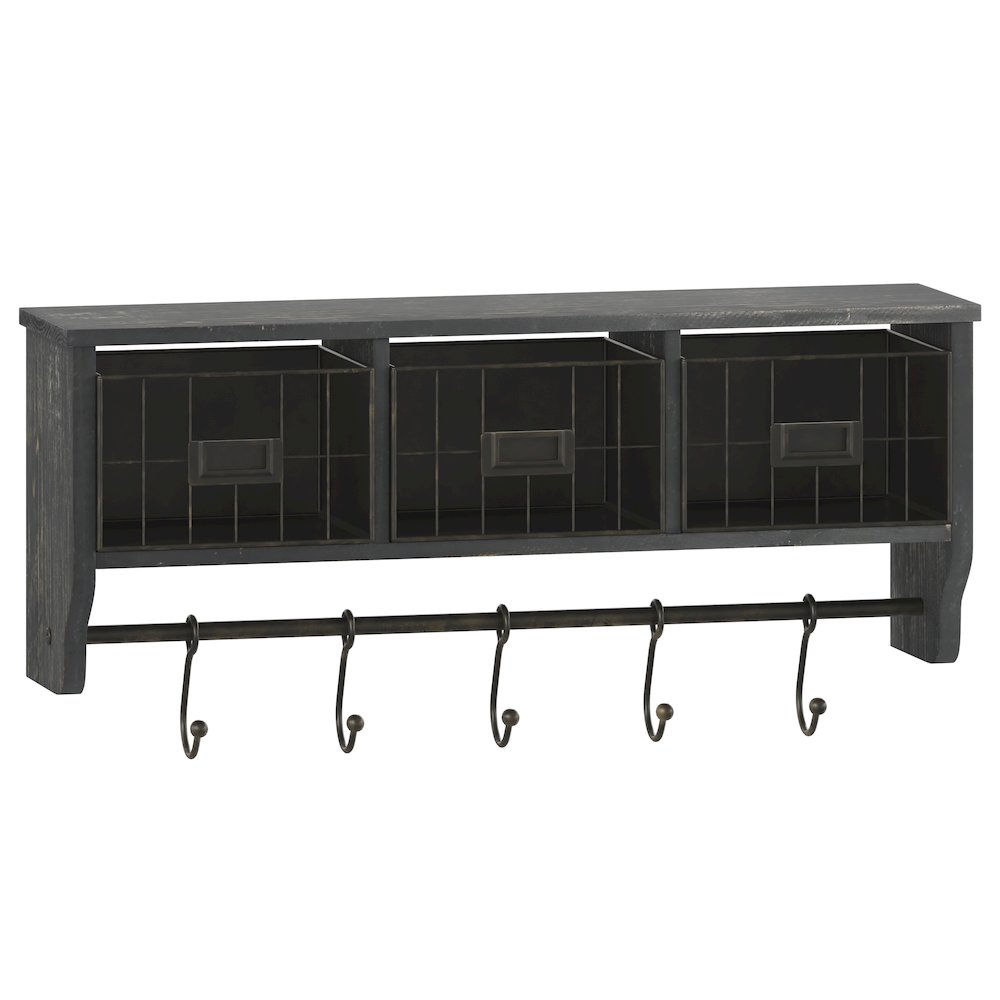 Wall Mounted 24 in Solid Pine Wood Storage Rack with Upper Shelf in Blackwashed. Picture 1