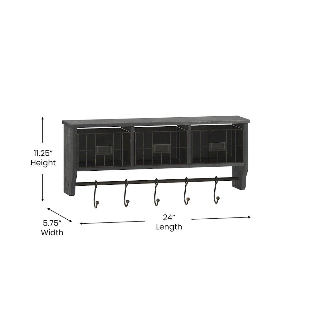 Wall Mounted 24 in Solid Pine Wood Storage Rack with Upper Shelf in Blackwashed. Picture 5