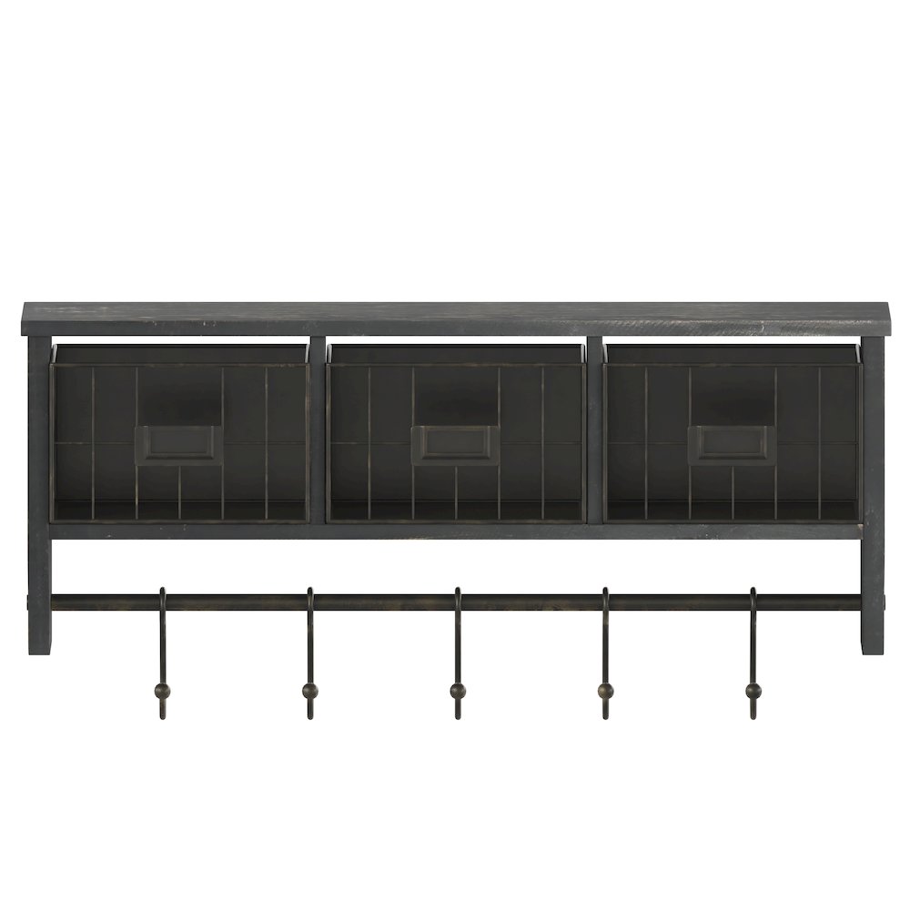 Wall Mounted 24 in Solid Pine Wood Storage Rack with Upper Shelf in Blackwashed. Picture 11