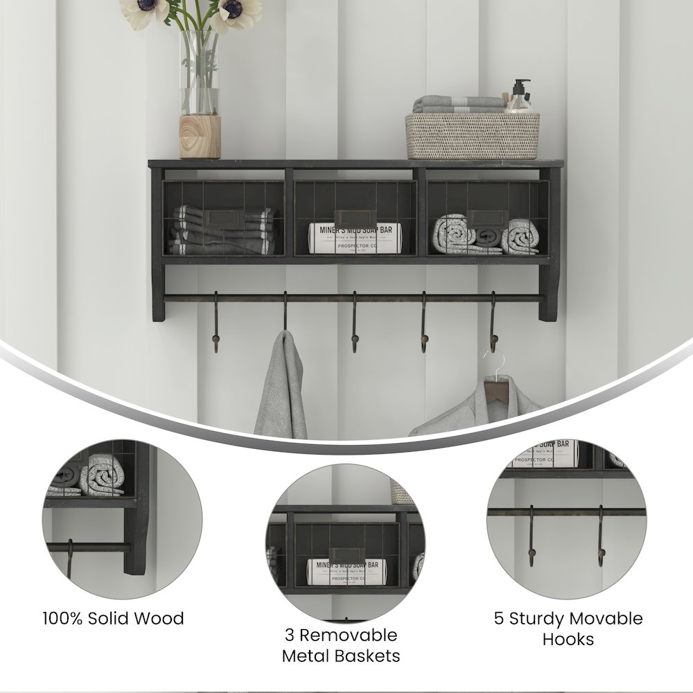 Wall Mounted 24 in Solid Pine Wood Storage Rack with Upper Shelf in Blackwashed. Picture 4