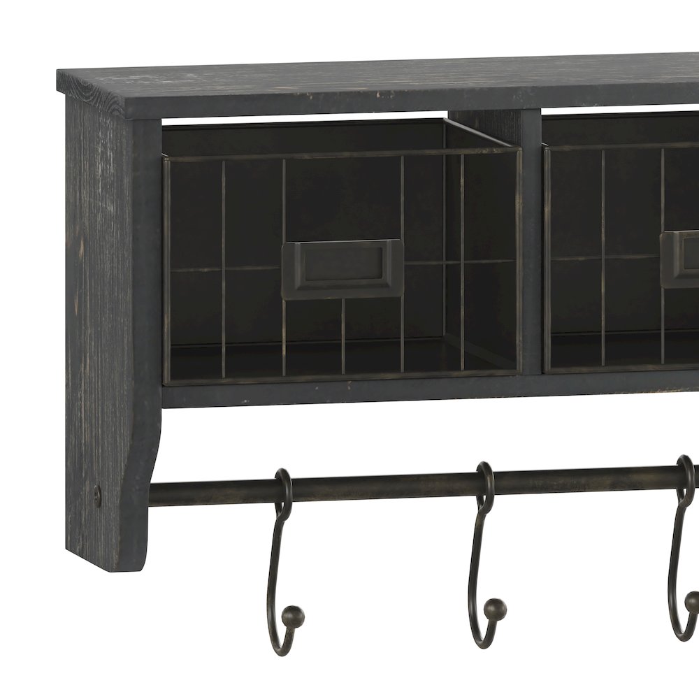 Wall Mounted 24 in Solid Pine Wood Storage Rack with Upper Shelf in Blackwashed. Picture 9