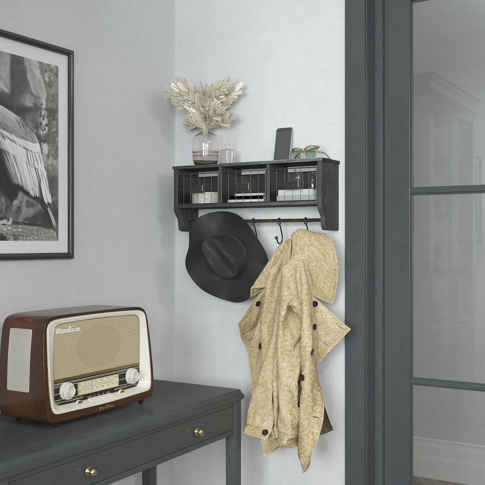 Wall Mounted 24 in Solid Pine Wood Storage Rack with Upper Shelf in Blackwashed. Picture 2