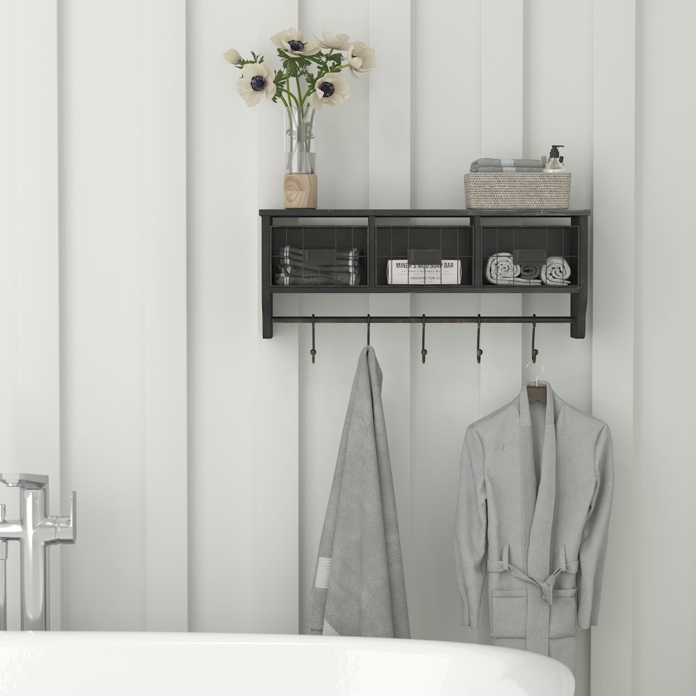 Wall Mounted 24 in Solid Pine Wood Storage Rack with Upper Shelf in Blackwashed. Picture 6