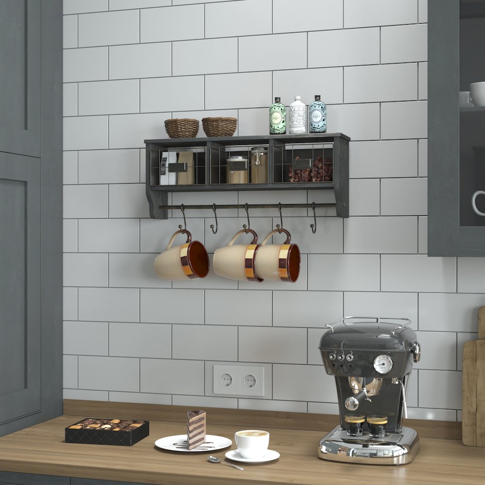 Wall Mounted 24 in Solid Pine Wood Storage Rack with Upper Shelf in Blackwashed. Picture 7