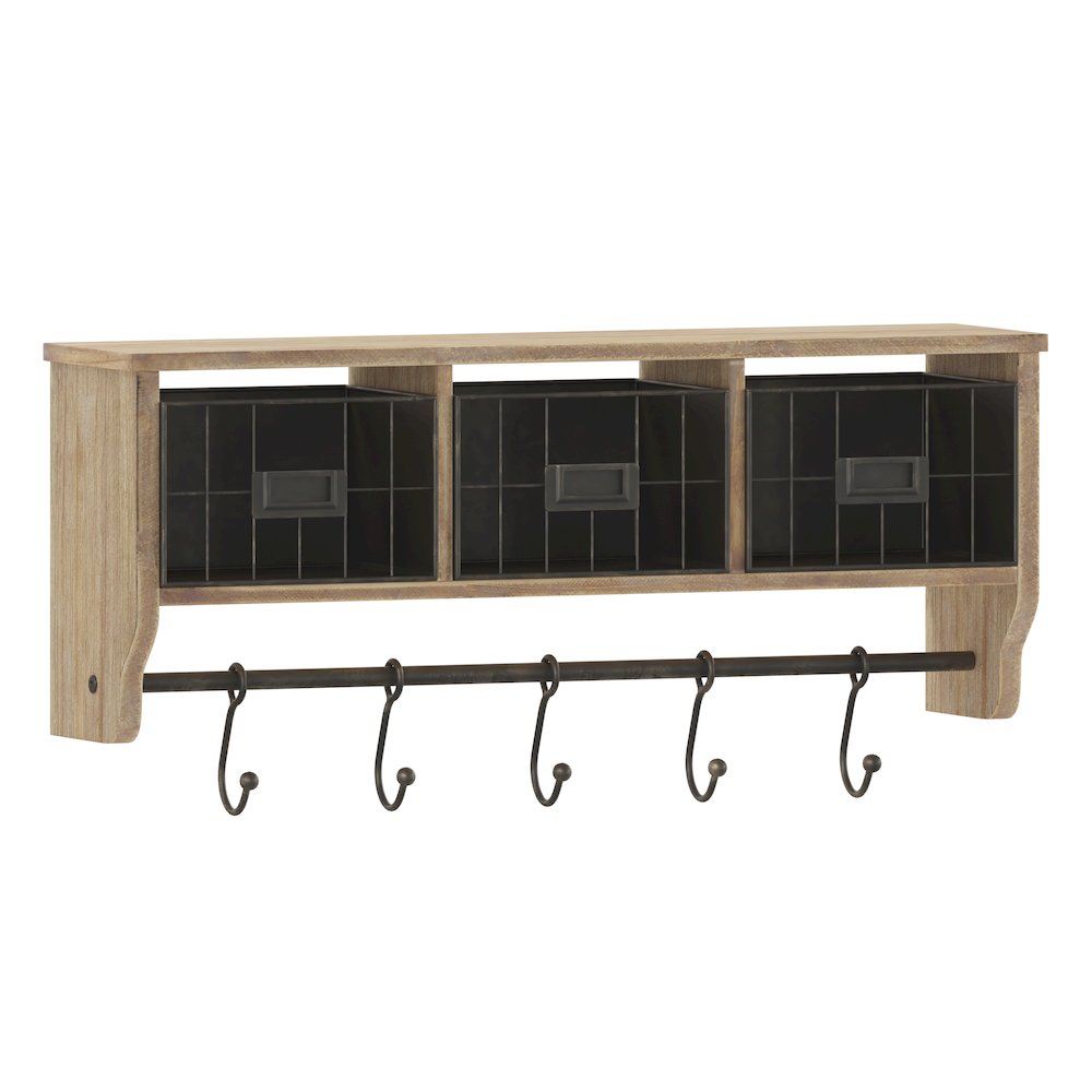 Wall Mounted 24 in Solid Pine Wood Storage Rack with Upper Shelf in Brown. Picture 1