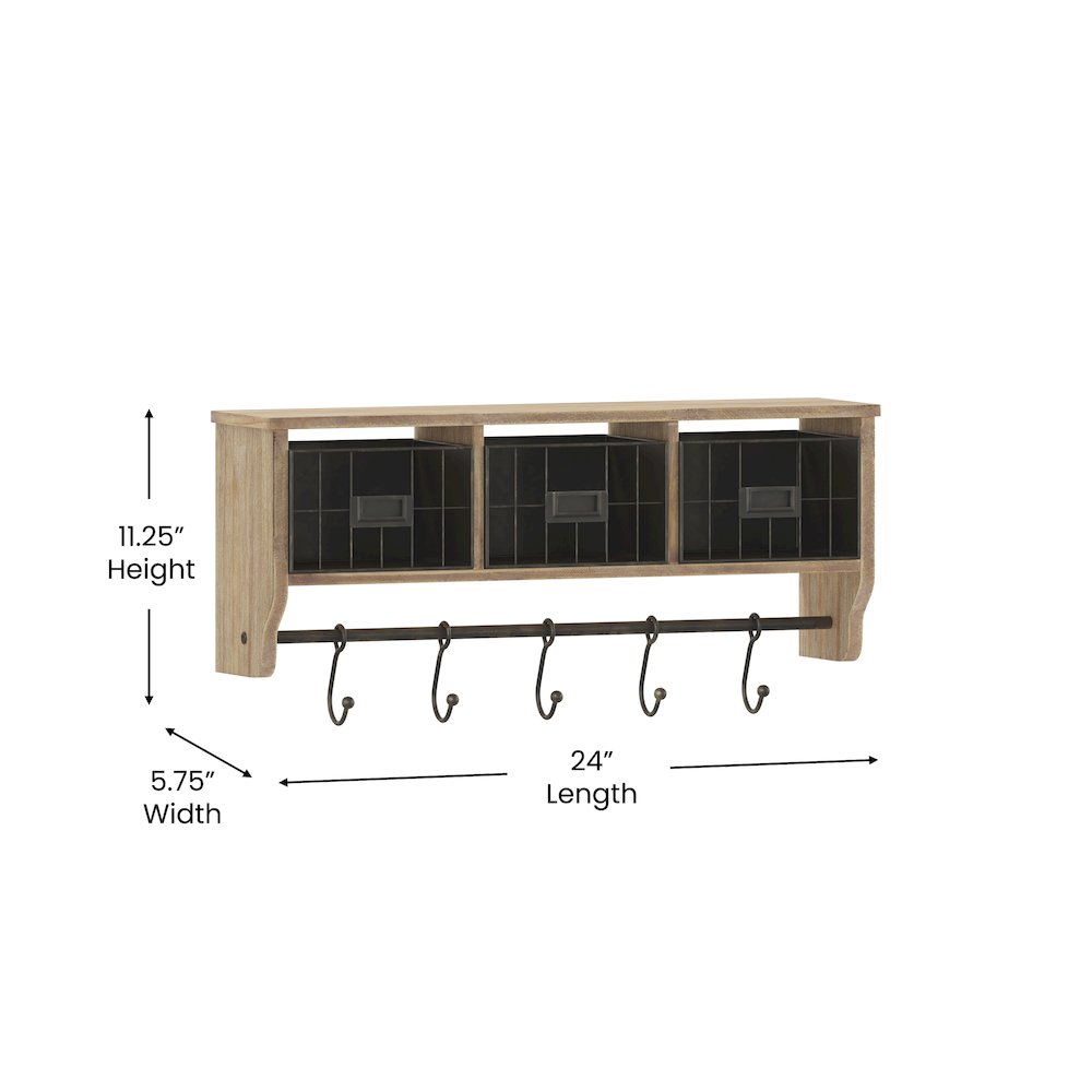 Wall Mounted 24 in Solid Pine Wood Storage Rack with Upper Shelf in Brown. Picture 5
