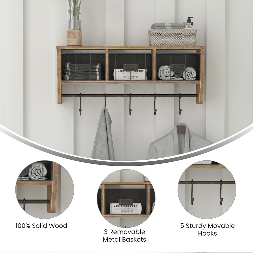Wall Mounted 24 in Solid Pine Wood Storage Rack with Upper Shelf in Brown. Picture 4